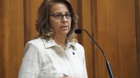 Rep. Michelle Davis, R-Whiteland, speaks before the House Education Committee on Wednesday, Feb. 12, 2025, at the Indiana Statehouse. Up for discussion was her bill to block transgender women from participating in women’s sports at Indiana colleges.
