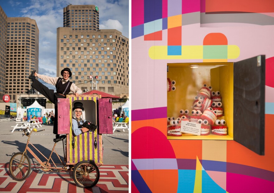 Left: The duo of magicians Panachés on their Castelet voyageur; Right: Colorful installation and plastic laugh.