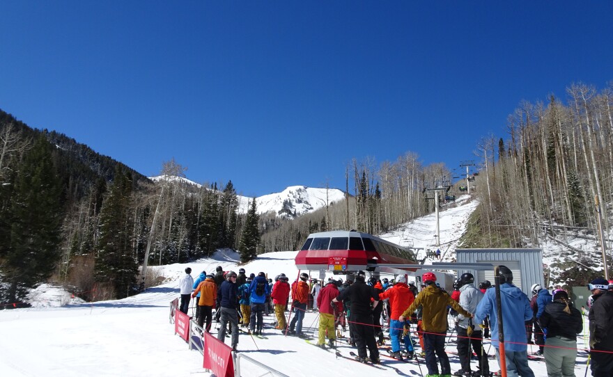 Skiers board a lift at Park City Mountain on April 4. A winter storm brought snow to the Wasatch Back in early April, but it wasn't enough to extend the ski season past April 5, the resort's closing day.