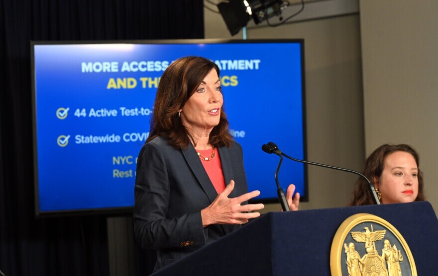 Kevin P. Coughlin / State Of NY Gov. Kathy Hochul answers questions from the media on July 20, 2022