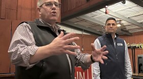 Congressional candidate Darren Bailey, left, campaigns with state Rep. Adam Niemerg at a local restaurant meet-and-greet, Tuesday, Feb. 27, 2024, in Casey, Ill. Bailey, a former state senator and 2022 Republican nominee for governor, is running in the March 19th primary to unseat fellow GOP Congressman Mike Bost, a five-term incumbent who has the endorsement of former President Donald Trump, in Illinois' 12th District, which encompasses the bottom one-third of Illinois.