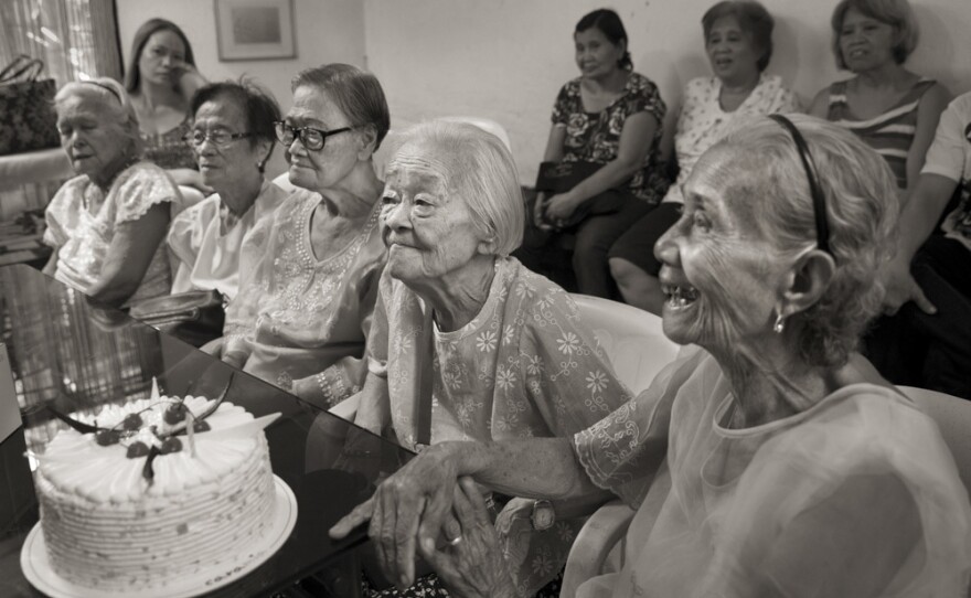 Felicidad delos Reyes (from left), Estela Adriatico, Estelita Dy, Remedios Tecson and Narcisa Claveria celebrate Tecson's and Dy's 89th birthdays on April 27, 2019, at the offices of Lila Pilipina — the League of Filipino Women. Delos Reyes died on Feb. 1, 2020.