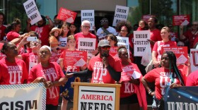  Terrence Wise, an organizer with Stand Up KC, led the rally at the City Hall. He said that regardless of when or where the Royals build the new stadium, they need to negotiate and sign a Community Benefits Agreement. 