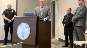  Olathe Police Chief Mike Butaud, left, and Johnson County District Attorney Steve Howe played 911 audio and showed police body-cam video on Wednesday of the shooting of Brandon Lynch, 27, from December 31, 2022. 