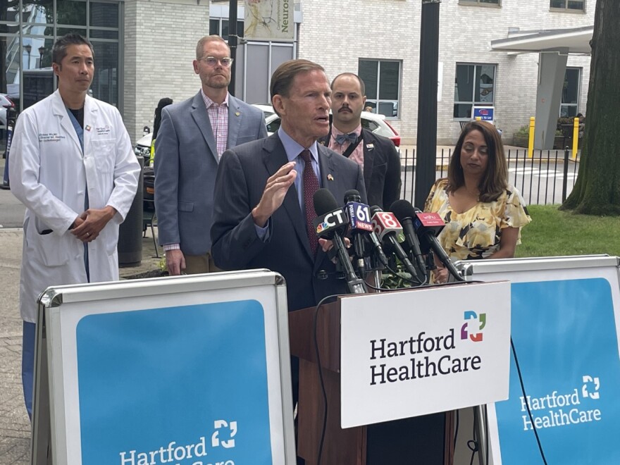 U.S. Senator Richard Blumenthal of Connecticut calls on the federal government to increase the supply of monkeypox vaccines during a news conference outside Hartford Hospital Monday in Hartford. 