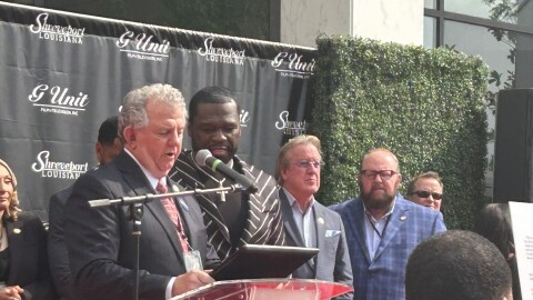 At the steps outside Government Plaza in downtown Shreveport, Mayor Tom Arceneaux and Curtis "50 Cent" Jackson signed the lease agreement for the rapper's production company to rent city-owned Millennium Studios, on Thursday, April 18, 2024.