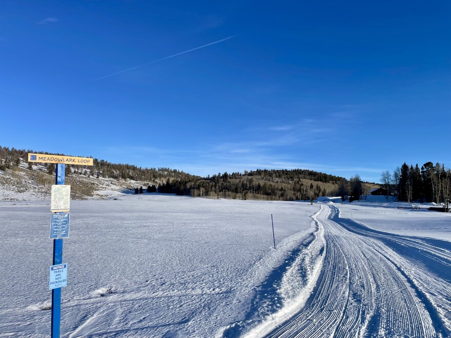 A picture of the Meadow Lark Nordic ski trail on top of the Alpine Plateau.