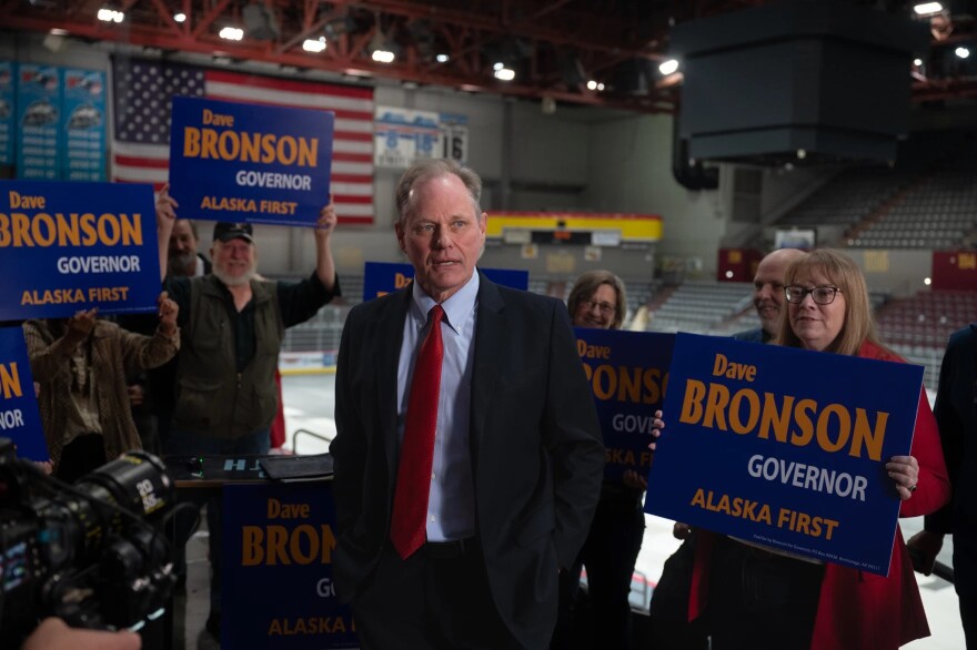 Former Anchorage Mayor Dave Bronson speaks at a campaign launch event at the Sullivan Arena in Anchorage on Friday, Oct. 3, 2025