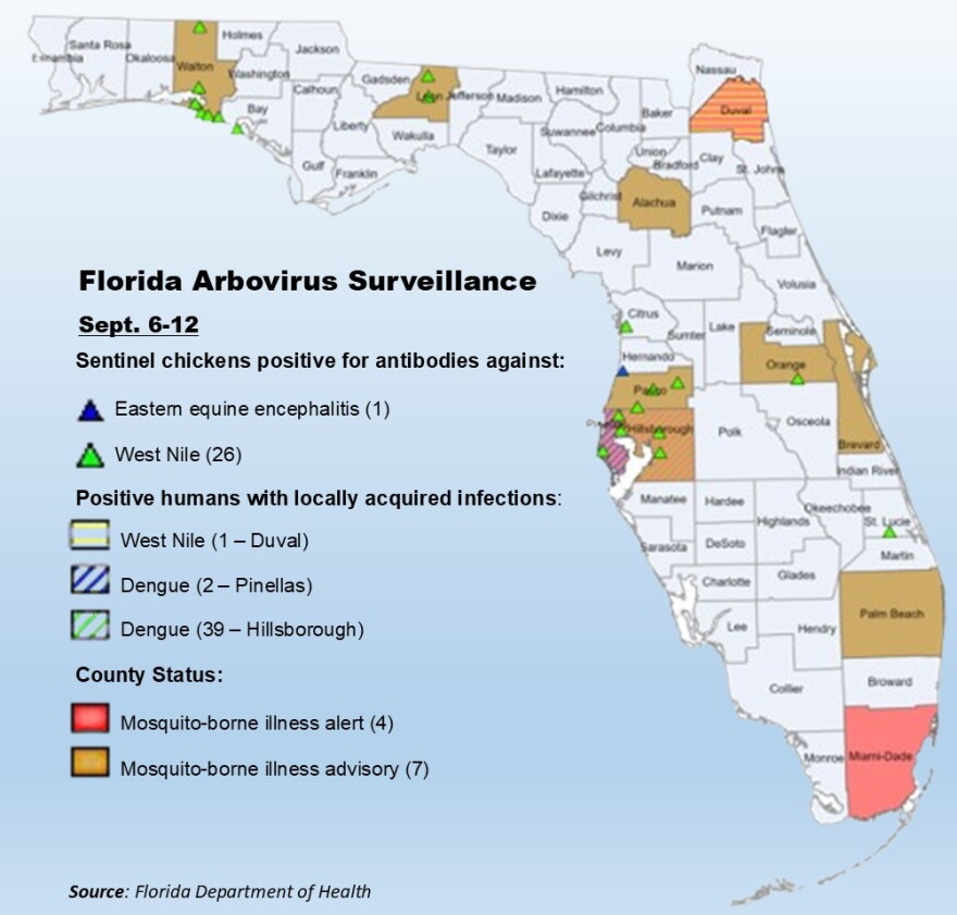 map of florida showing locations of mosquito borne illnesses and chicken that tested positive for mosquito illnesses