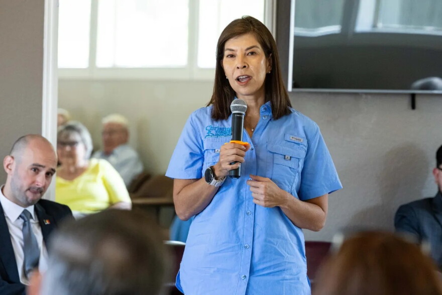 225th Civil District Court Judge candidate Christina Hortick speaks to voters during a democratic candidate forum at the Oakwell Farms neighborhood in Northeast San Antonio on Sept. 20, 2026.