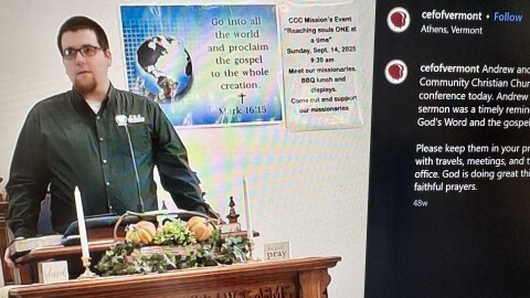 A photo of an Instagram post by Child Evangelism Fellowship of Vermont showing a man at a lectern