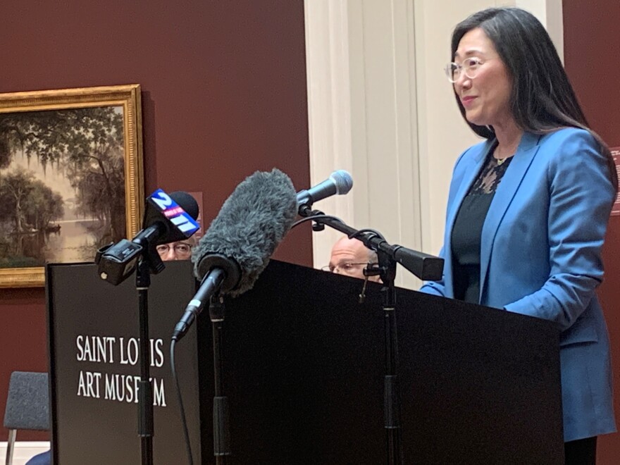 Min Jung Kim makes remarks at St. Louis Art Museum on Tuesday morning, after being introduced as the organization's next director.