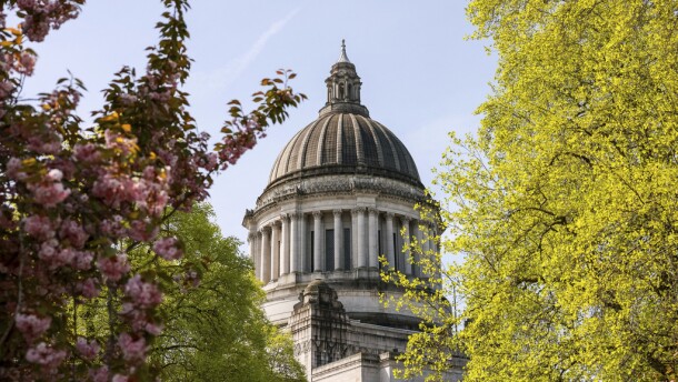 The exterior of the Washington State Capitol building is seen Friday, April 25, 2025, in Olympia, Wash.