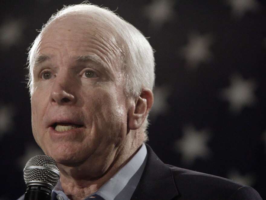 Sen. John McCain (R-AZ) addresses a crowd of mainly veterans on Feb. 18.