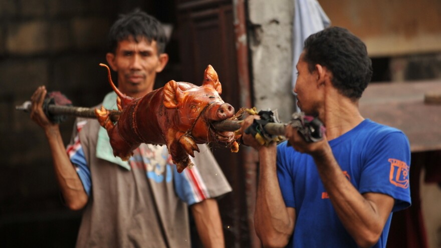 "Lechon", or roasted pig, is often served at Philippine festivities, especially during Christmas and New Year celebrations.