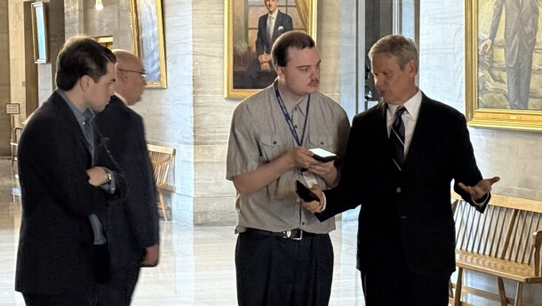Student Brandon Denley, interviewing Tennessee Governor Bill Lee outside his office at the Tennessee State Capitol.