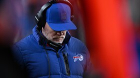 Buffalo Bills head coach Sean McDermott reacts during the second half of an NFL divisional round playoff football game against the Denver Broncos, Saturday, Jan. 17, 2026, in Denver.