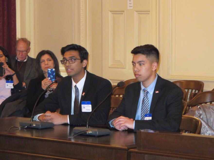 High school students Varun Seetamraj and Jason Lam testify at Assembly committee hearing.