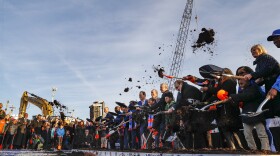 Project leaders, local politicians and members of the community participate in a formal groundbreaking ceremony on a new stadium for the new Major League Soccer expansion team FC Cincinnati, Tuesday, Dec. 18 in Cincinnati's West End neighborhood.