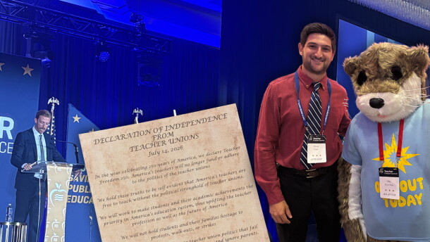 Tulsa Public Schools speech and debate teacher Micah Cash takes a picture with Ollie the Otter, a mascot at the Teacher Freedom Alliance (TFA) summer conference in July, where there was also a poster-sized Declaration of Independence from Teacher Unions sign encapsulating the organization's mission. In the background, Former Oklahoma State Superintendent Ryan Walters, now the CEO of TFA, gives a speech to a crowd of attendees during a banquet. The images used for clip art were provided by Cash.