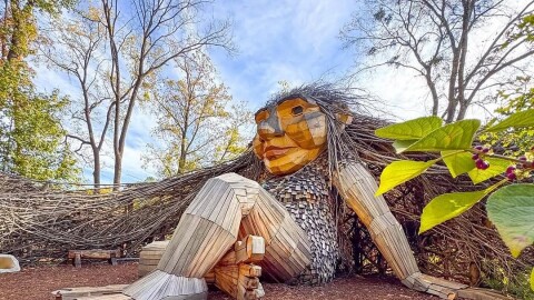 In Raleigh’s Dix Park, some of the trolls stretch ten feet high, including one named “Mother Strong Tail” that boasts a 645-foot-long tail made from repurposed bourbon barrels.