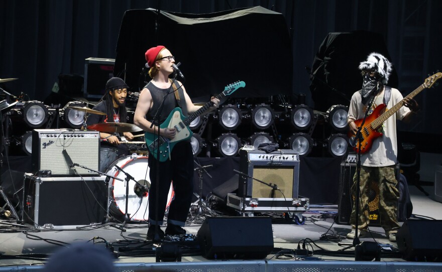 Lamont Landers (center), flanked by drummer LaJuan "JuJu" Winfield and bassist Jaraven "Moe" Hill during their performance at the Adderley Amphitheater.