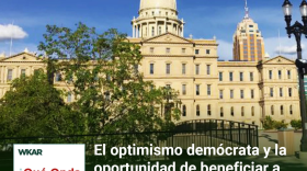 En la imagen se puede observar una imagen del capitolio de Michigan en Lansing.  En el lado inferior de la imagen esta el logo de Que Onda Michigan sobre un fondo blanco. En la parte derecha las siguientes palabras estan escritas: "El optimismo demócrata y la oportunidad de beneficiar a todas las familias en Michigan." En el lado superior de la imagen se encuentra las pablaras "WKAR" en color blanco.  y "Episodio 88".