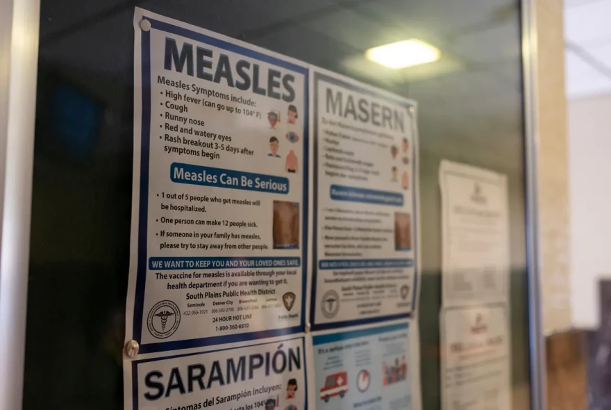 Signs inform people of measles prevention, vaccine and testing at the Gaines County Courthouse in Seminole on April 6, 2025.