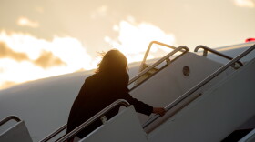 FILE, 2021: Vice President Kamala Harris boards Air Force Two at Tweed New Haven airport.