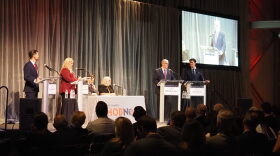 Four candidates for Indiana Secretary of State squared off on Aug; 26, 2026 in downtown Indianapolis. From left to right, Max Engling, Lauri Shillings, moderators Dan Spehler and Lesley Weidenbener, Greg Ballard and Beau Bayh.