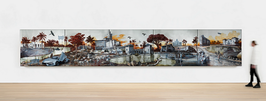 The Bass Museum of Art in Miami Beach commissioned “Panorama of Miami,” a 30-foot long painting on mirror by artist Rachel Feinstein. The work features several iconic Miami landmarks and tourist attractions