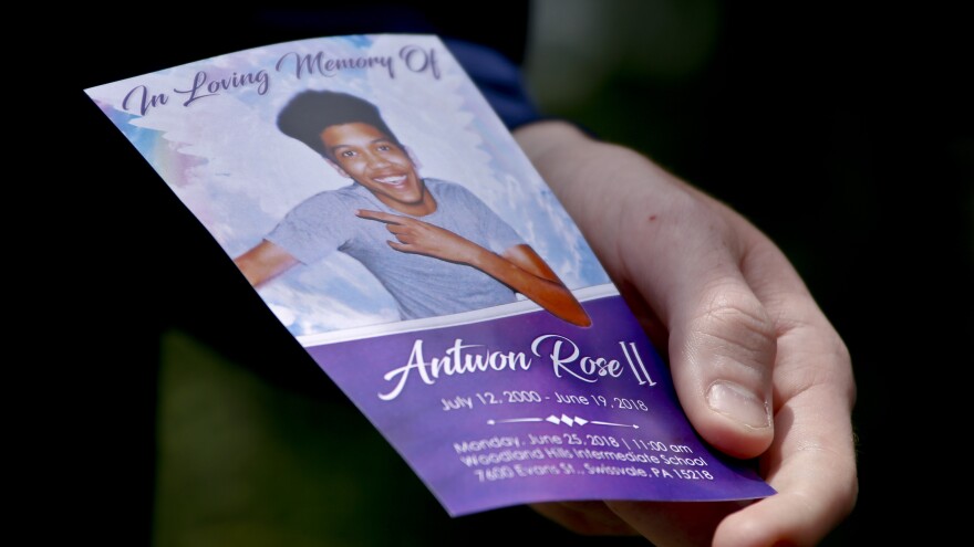 A memorial card from 17-year-old Antwon Rose II's funeral on Monday.