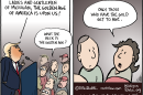 A two-panel political cartoon by Auchter for Michigan Public. In the first panel, Donald Trump stands at a podium addressing a crowd, saying, "LADIES AND GENTLEMEN OF MICHIGAN, THE GOLDEN AGE OF AMERICA IS UPON US!" A member of the crowd asks, "WHAT THE HECK IS THE GOLDEN AGE?" In the second panel, a close-up of two crowd members shows one explaining to the other, "ONLY THOSE WHO HAVE THE GOLD GET TO AGE." 