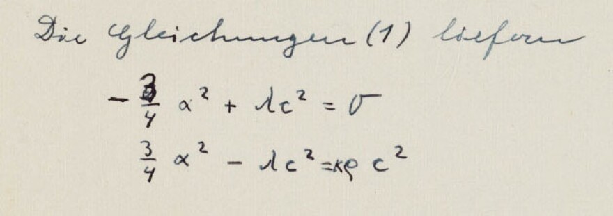 Einstein eventually caught a mistake in the upper equation and wrote over it in pen.