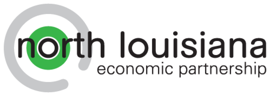 North Louisiana Economic Partnership logo featuring a green circle surrounded by a gray partial ring, with the words “north louisiana economic partnership” .