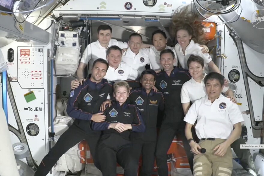 This image provided by NASA shows visiting crew in dark blue, Hungary's Tibor Kapu, left, Axiom Space's Peggy Whitson, center left, India's Shubhanshu Shukla, center right, and Poland's Slawosz Uznanski-Wisniewski aboard the International Space Station, Thursday June 26, 2025.