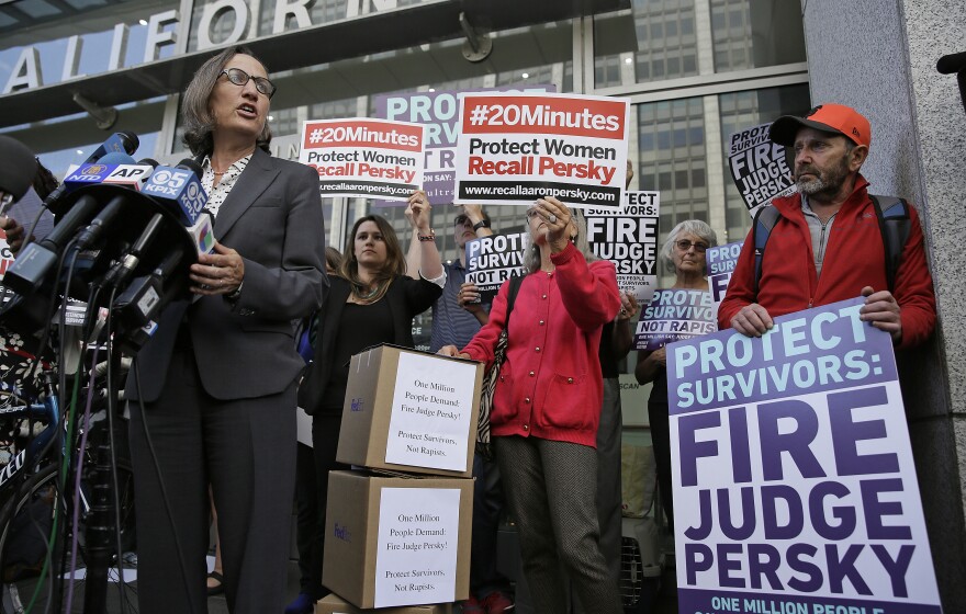 Stanford law professor Michele Dauber speaks at a rally in 2016, before activists delivered over 1 million signatures to the California Commission on Judicial Performance calling for Persky's removal.