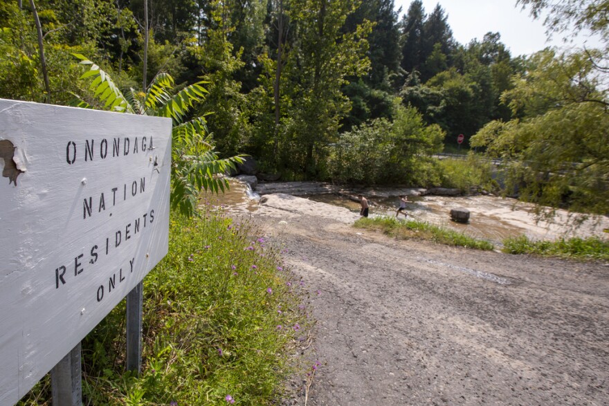 A sign reads "Onondaga Nation Residents Only," Thursday, Aug. 3, 2023, on the Onondaga Nation territory in central New York. The Nation was having issues with outsiders coming in and drinking at the falls. (AP Photo/Lauren Petracca)