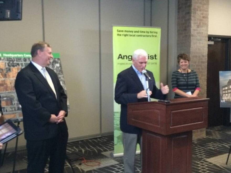 Mayor Greg Ballard, left, and Gov. Mike Pence announced the Angie's List expansion. Owner Angie Hicks is at right.