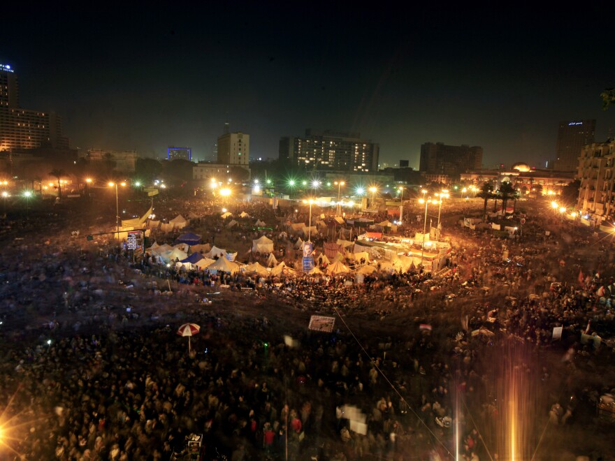 Thousands of Egyptian protesters gather in Cairo's Tahrir Square on Friday, marking two years since the start of the country's revolution.