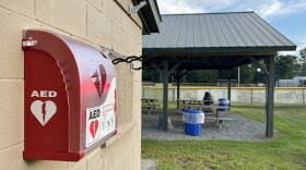 A newly installed automated external defibrillator (AED) at the town ball fields on South Road in Swanzey.