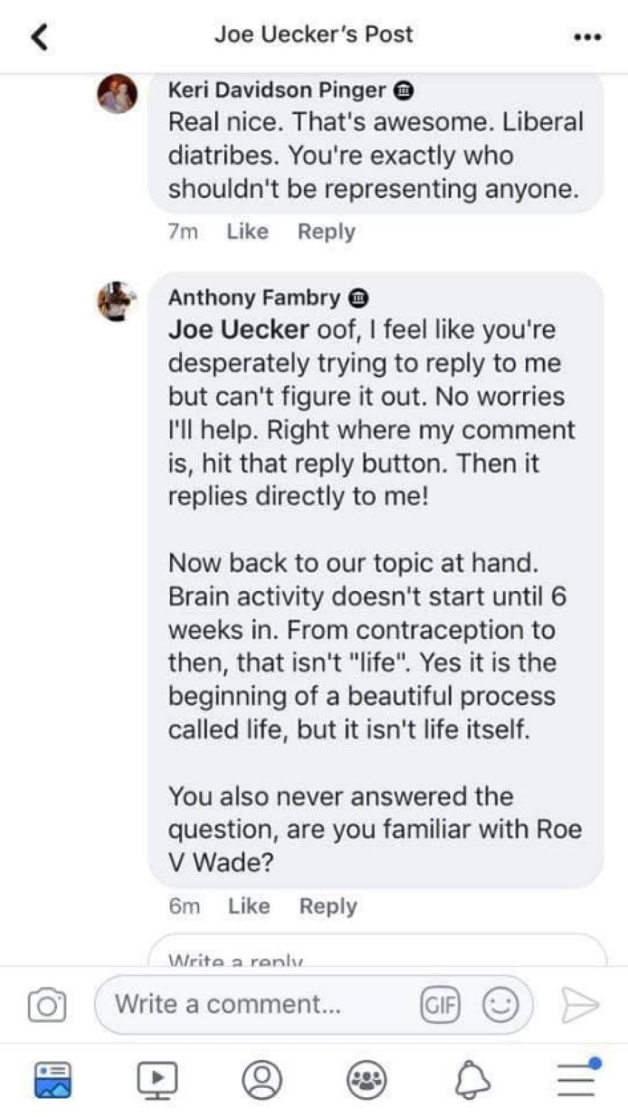 A third screenshot of the debate between Sen. Joe Uecker (R-Miami Township) and constituent Anthony Fambry on Uecker's professional Facebook page.