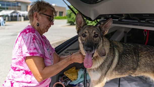 Linda Ruzich and a dog from the Kansas Humane Society preparing for a drive to Topeka for a specalist vet visit on July 9.