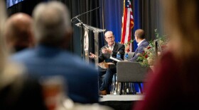 Indiana Gov. Mike Braun answers questions delivered via moderator at the 2025 Lunch with the Governor Event at the Old national Events Plaza in Evansville, Tuesday Nov. 4. His moderated comments centered largely on economic topics.