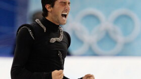 Evan Lysacek reacts after performing his free program during the men's figure skating competition at the Vancouver 2010 Olympics on Thursday.
