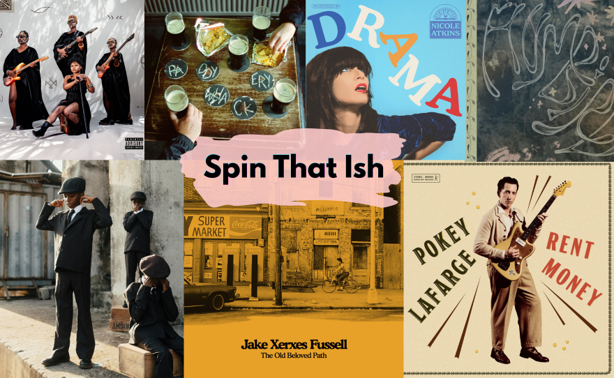 A collage of artworks for seven musical releases with a pink bubble in the middle that has the words "Spin That Ish"