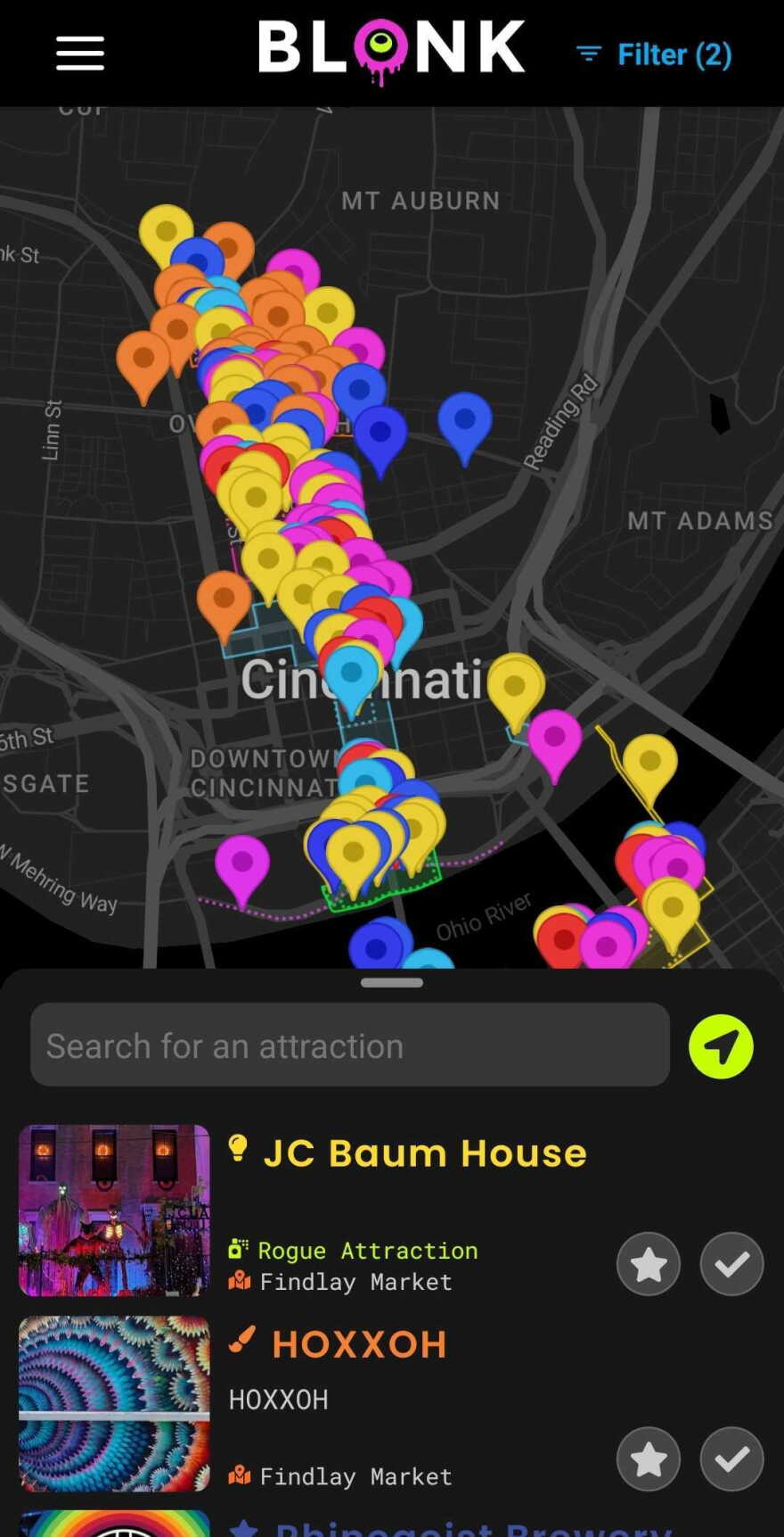 A screenshot of the phone app BLONK shows a map of Cincinnati and Northern Kentucky with colored pins indicating where specific artwork and events are located.