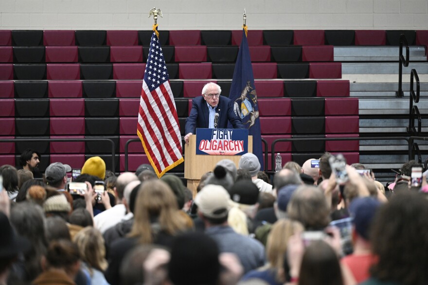 Sen. Bernie Sanders speaks during a "Fighting Oligarchy: Where We Go From Here" event Saturday, March 8 at Lincoln High School in Warren, Mich.
