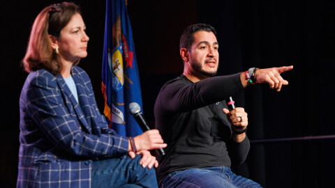 Democratic nominee for U.S. Senate Abdul El-Sayed, right, speaks at a town hall with End Citizens United President Tiffany Muller, left, in Lansing, Mich., on Oct. 9, 2026.