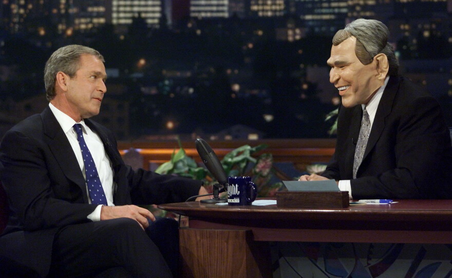 "Waaaiiit a minuuuute. Hey now, Jay. That's not funny!" (George Bush makes an appearance on <em>The Tonight Show</em> with Jay Leno while campaigning in 2000.)